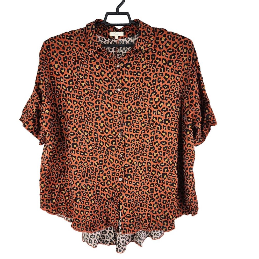 Womens Easel Leopard Print Blouse Orange Black Button Up Short Sleeve Size S